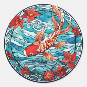 Sticker Rond Vitrail asiatique style Koi Poisson et Camellias