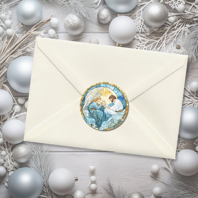 Sticker Rond Vitrail de l'ange religieux Fête Bleu (Religious Angel Stained Glass Holiday Blue Classic Round Sticker)