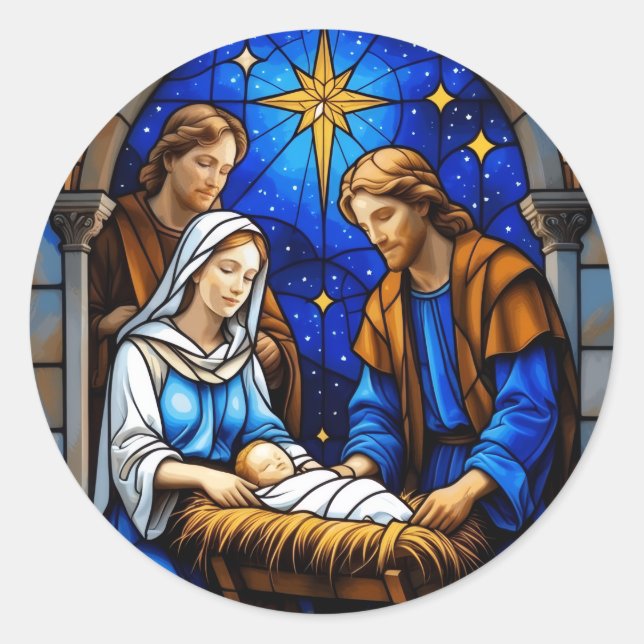 Sticker Rond Vitrail de Noël de la Nativité (Devant)