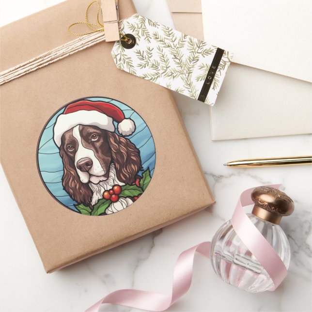 Sticker Rond Vitrail de Noël English Springer Spaniel (Cadeaux)