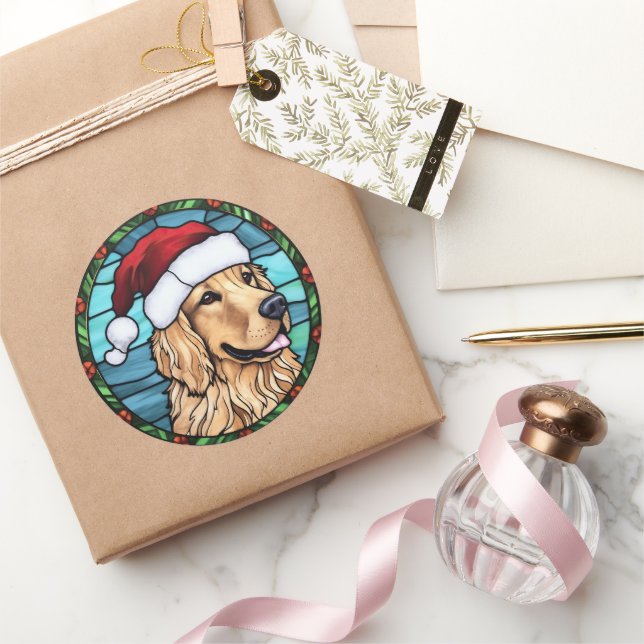 Sticker Rond Vitrail de Noël Golden Retriever (Cadeaux)