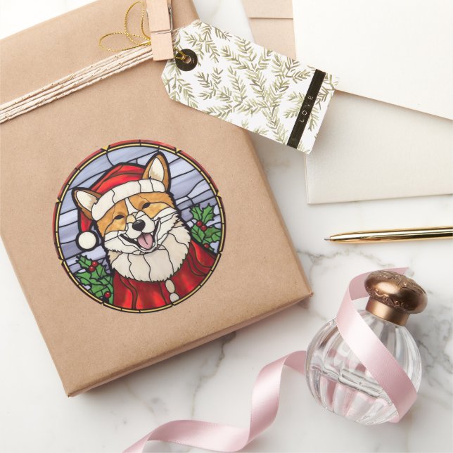 Sticker Rond Vitrail de Noël Shiba Inu (Cadeaux)