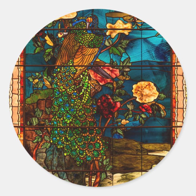 Sticker Rond Vitraux anciens avec paons et fleurs (Devant)