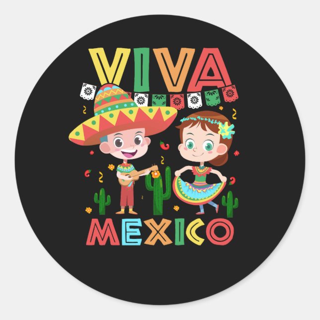 Sticker Rond Viva Mexico Garçon fille Maracas Guitare mexicaine (Devant)
