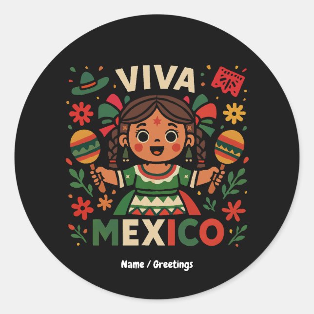 Sticker Rond Viva Mexico Mexicaine Fête de l'Indépendance Fémin (Devant)