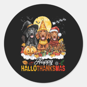 Sticker Rond Vizsla Chien Halloween Noël Joyeux Hallothanksma
