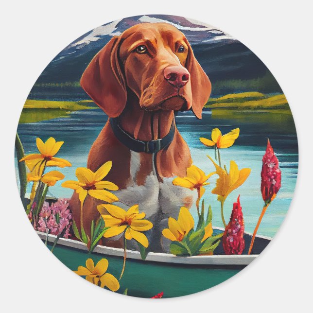 Sticker Rond Vizsla sur une rame : une aventure Pittoresque (Devant)