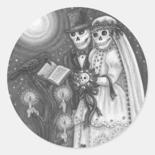 STICKER ROND VOEUX DE CEMETIÈRE, MARIAGE DE SQUELETTE, MARIÉE E