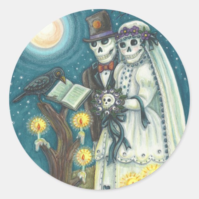 STICKER ROND VOEUX DE CIMETIÈRE, MARIAGE DE SQUELETTE, MARI ET  (Devant)