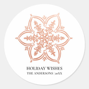 Sticker Rond Voeux de vacances rose Gold Snowflake