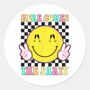 Sticker Rond Voici la fête Groovy Enterrement de vie de jeune f