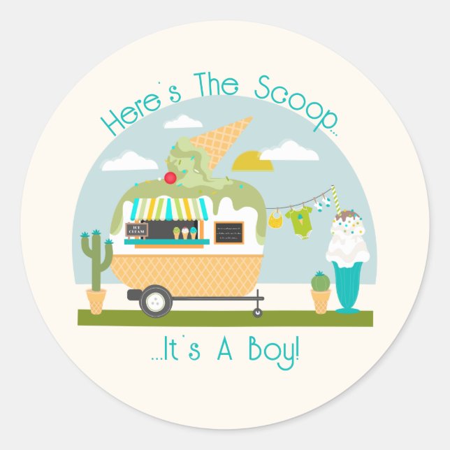 Sticker Rond Voici le Baby shower du garçon de camping Scoop Ic (Devant)