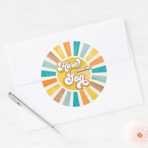 Sticker Rond Voici le Baby shower garçon Son Boho Sunshine