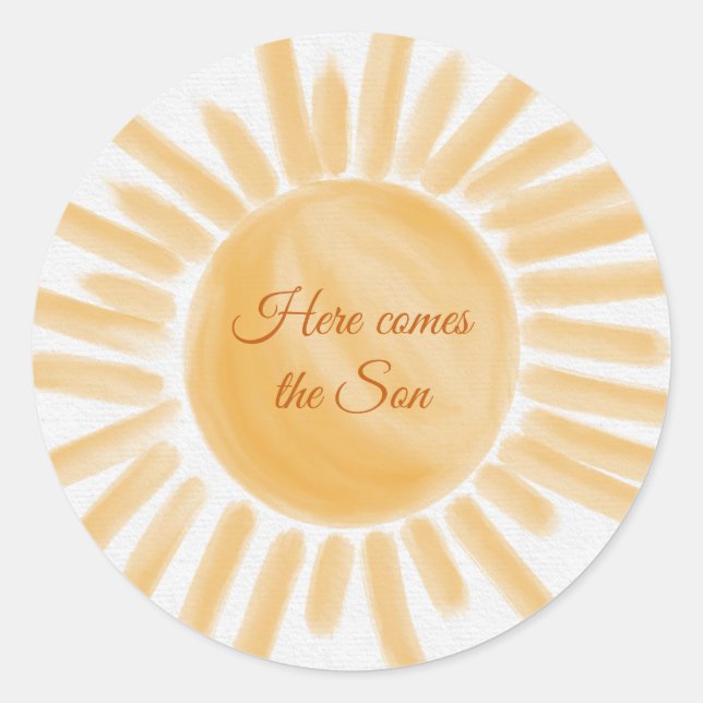 Sticker Rond Voici le Baby shower Jaune Rayon Soleil Fils (Devant)