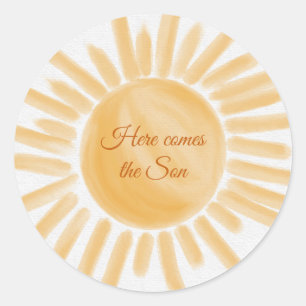 Sticker Rond Voici le Baby shower Jaune Rayon Soleil Fils