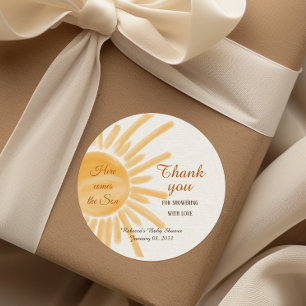 Sticker Rond Voici le Baby shower Son Rayon Jaune Sunshine