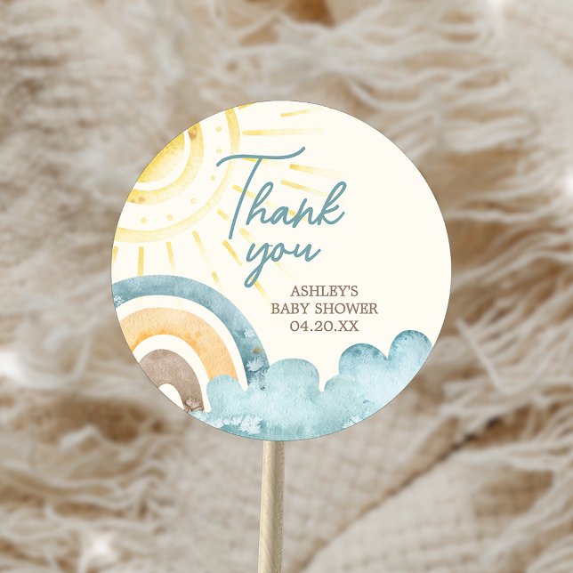 Sticker Rond Voici Le Baby shower Son Retro (Here Comes The Son Retro Baby Shower Sticker)