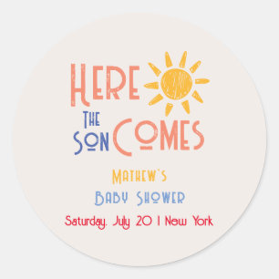 Sticker Rond Voici Le Son Minimal Rétro Baby shower Soleil