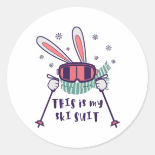 Sticker Rond Voici mon Ski Suit Ski Rabbit avec des bâtons de s