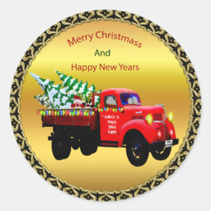 Sticker Rond Voici Père Noël arbre de Noël camion de ferme