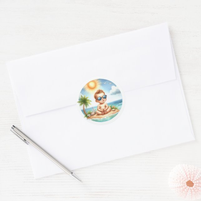 Sticker Rond Voici venir le fils Fête tropicale pour bébé (Enveloppe)