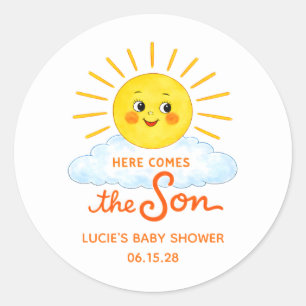 Sticker Rond Voici venir le fils Shower bébé soleil dessiné à l