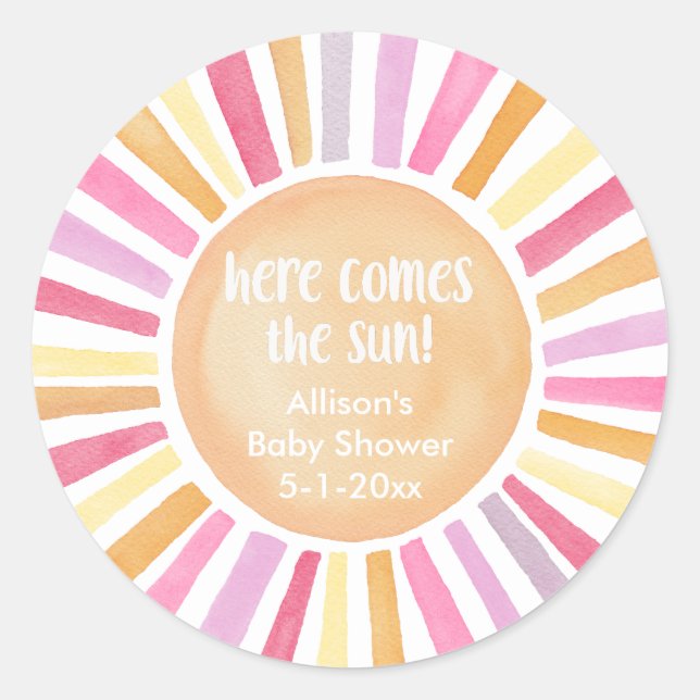 Sticker Rond Voici vient le soleil fille baby shower soleil (Devant)