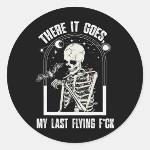 Sticker Rond Voilà mon Dernier vol drôle Halloween Skele