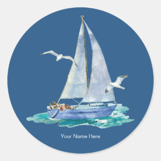 Sticker Rond Voilier à l'aquarelle Océan Naudique Côtière