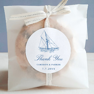 Sticker Rond Voilier Marine Blue Merci Mariage Faveur