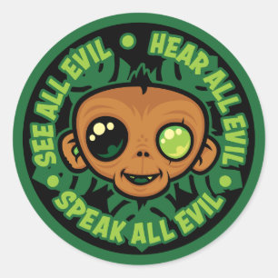 Sticker Rond Voir, Entendre et Dire tout Mal Singe