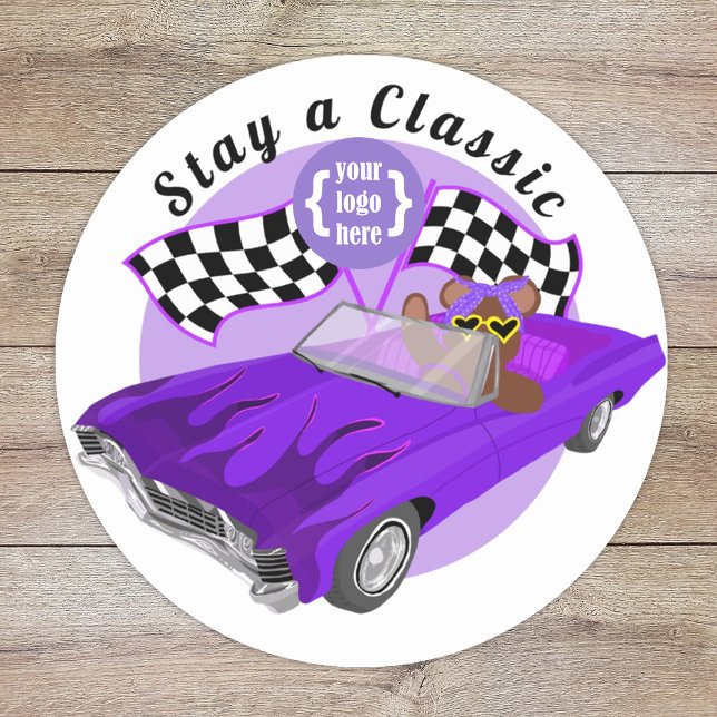 Sticker Rond Voiture Classique Convertible Violet, Drapeaux À d (purple class car show logo sticker, bear driving a convertible, girls youth organization club logo)