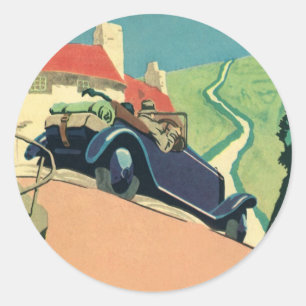 Sticker Rond Voiture convertible vintage voyage dans le pays