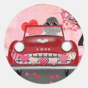 Sticker Rond Voiture de chien caniche avec la Saint-Valentin co