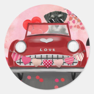 Sticker Rond Voiture de chien Schnauzer avec les coeurs Valenti