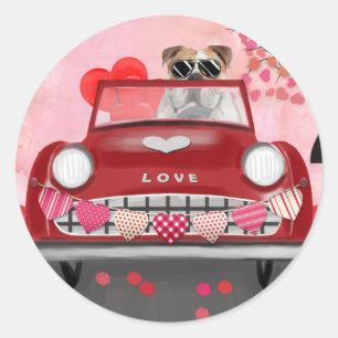 Sticker Rond Voiture de conduite de Bulldog avec Coeurs Valenti