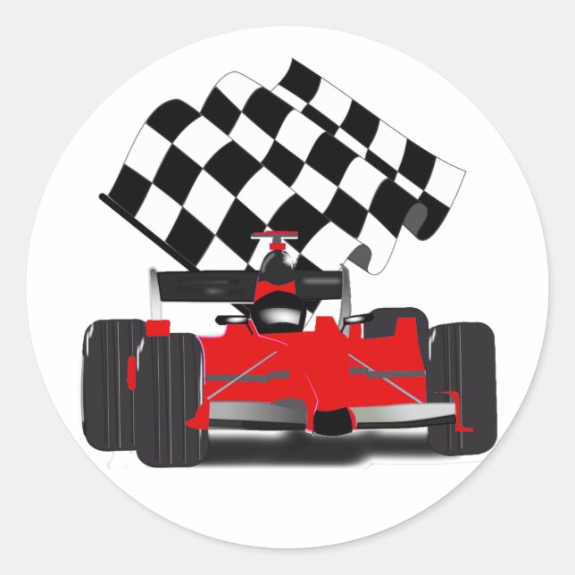 Sticker Rond Voiture de course rouge avec drapeau à damier (Devant)