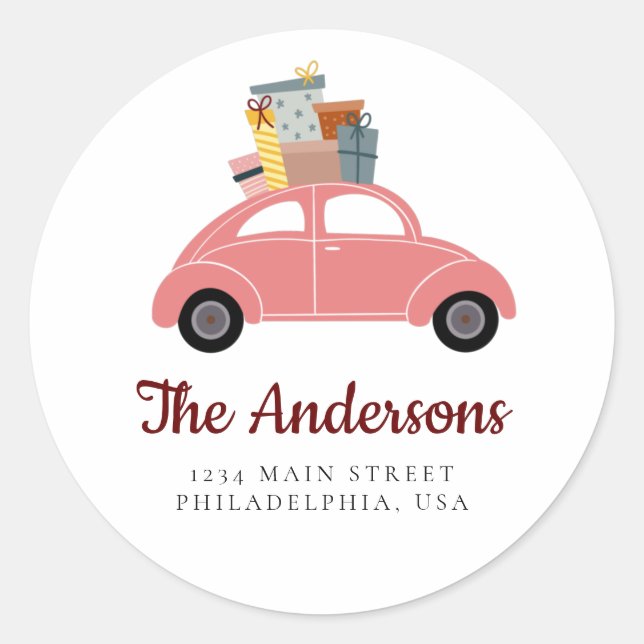 Sticker Rond Voiture de vacances rose avec pile de cadeaux Adre (Devant)