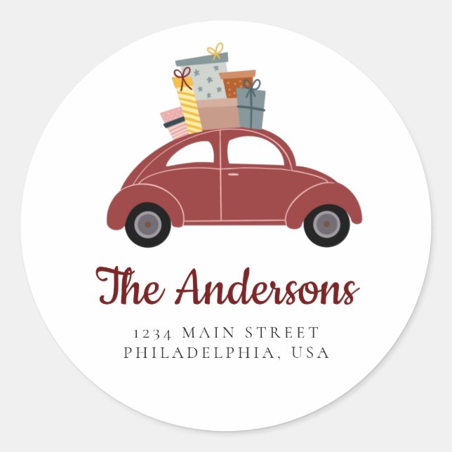 Sticker Rond Voiture de vacances rouge avec pile de cadeaux Adr (Devant)