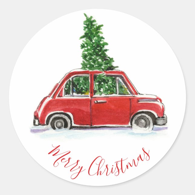 Sticker Rond Voiture rouge vintage avec sapin de Noël (Devant)