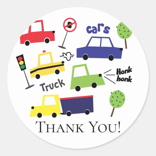 Sticker Rond Voitures et Camions Baby shower Merci Favor Sticke (Devant)
