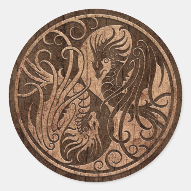 Sticker Rond Vol de dragons Yin Yang avec effet de grain de boi (Devant)