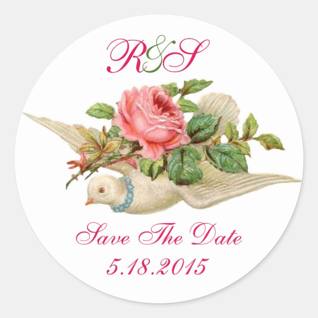 STICKER ROND VOL DOVE AVEC ROSE ROSE ROSE ENREGISTRER LA DATE M (Devant)