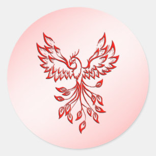 Sticker Rond Vol d'un Phoenix rouge sur rose
