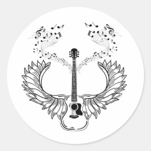 Sticker Rond Voler Haut Avec Des Ailes De Guitare