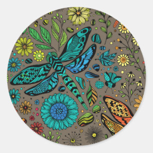 Sticker Rond Voler, libellule de mouche sur brun