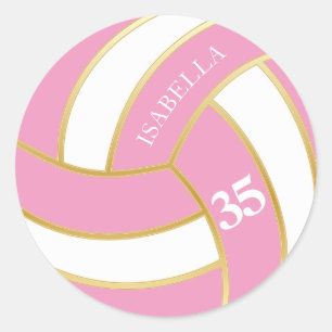 Sticker Rond Volley-ball rose, or et blanc - Personnaliser