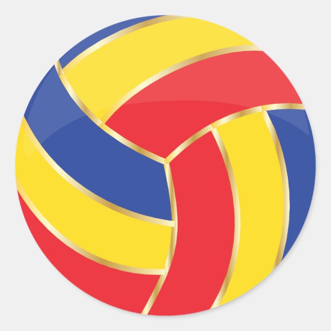 Sticker Rond Volley-ball rouge, jaune, bleu et or (Devant)