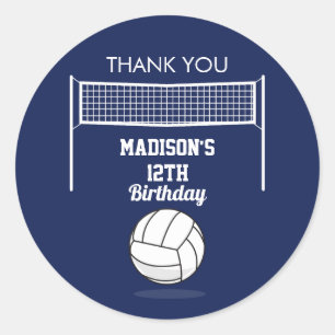 Sticker Rond Volleyball Ball & Net Marine Blue Anniversaire Nom