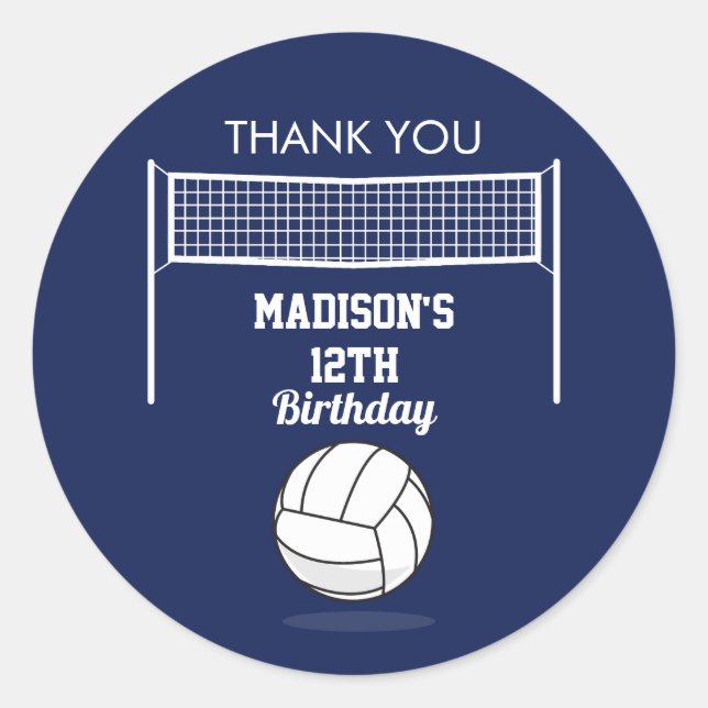 Sticker Rond Volleyball Ball & Net Marine Blue Anniversaire Nom (Devant)